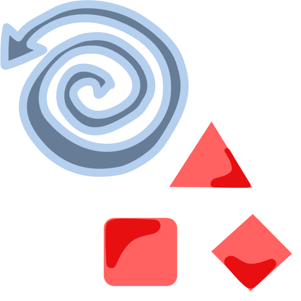 A large gray spiral arrow next to a red square, triangle, and diamond. The image has light line art.